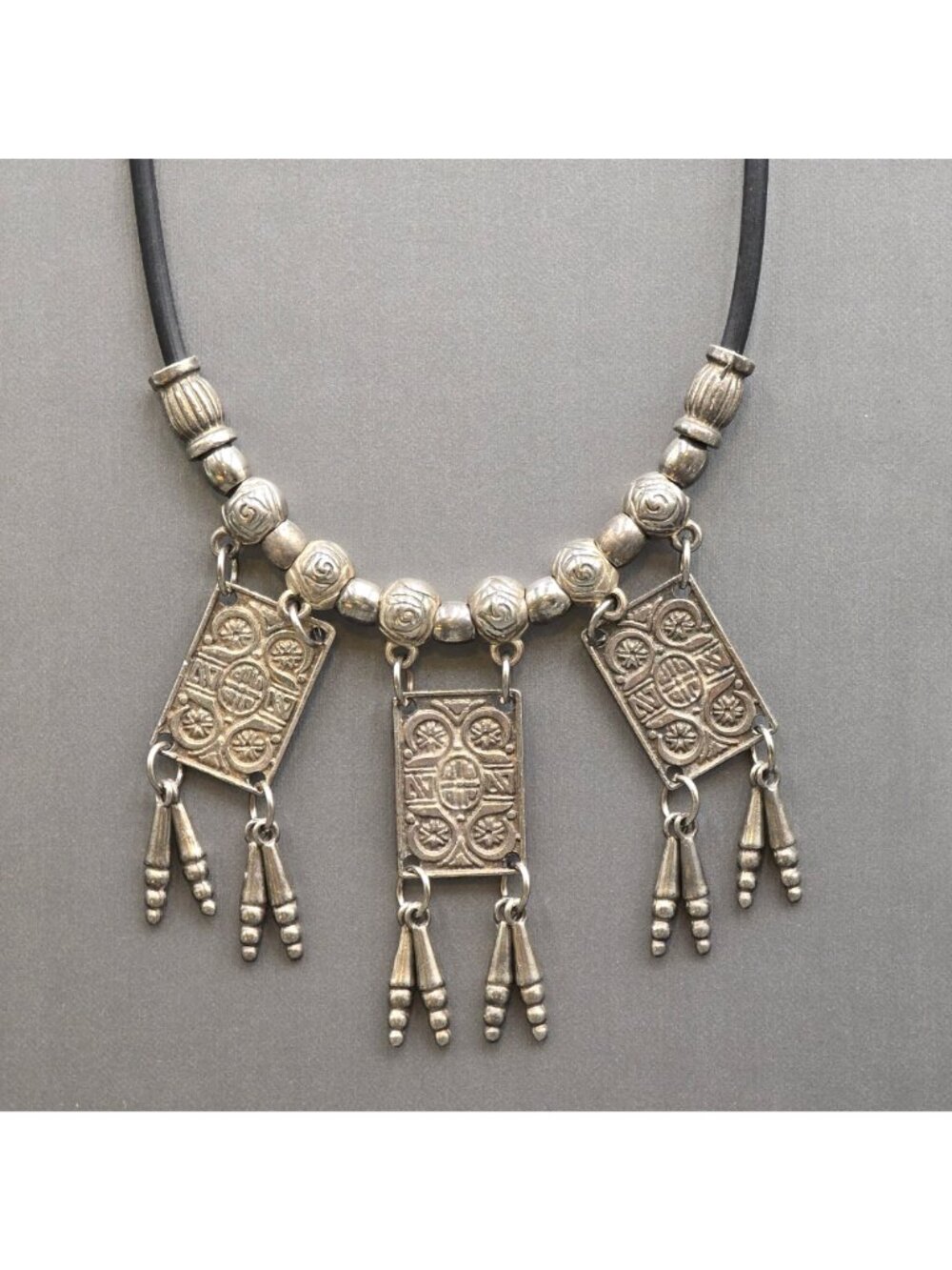 Vintage Tribal Panel Fringe Necklace Silver Tone Leather Cord Boho Statement - Picture 6 of 16